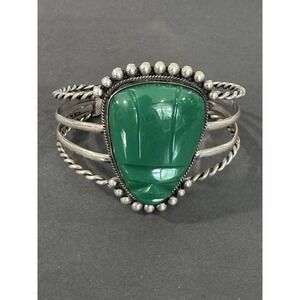 Sterling Cuff Bracelet Mexican Green Jade Mexico silver 42g Carved Aztecs Face